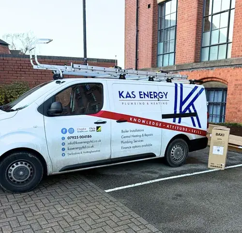 KAS Energy branded van with Baxi boiler delivery in South Normanton